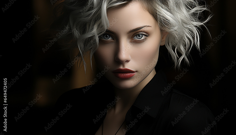 Beautiful woman with blond hair and curly hairstyle, looking confidently at camera generated by AI Beautiful woman with blond hair and curly hairstyle, looking confidently at camera generated by AI