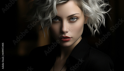 Beautiful woman with blond hair and curly hairstyle, looking confidently at camera generated by AI