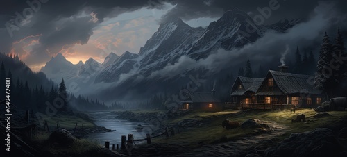 painting style illustration of house small town in misty valley, generative Ai