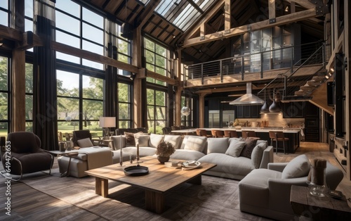 Modernized barn house with high ceilings and industrial accents. Generative AI © piai