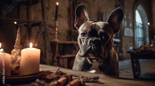 french bulldog in a spooky halloween setting, gothic, medieval