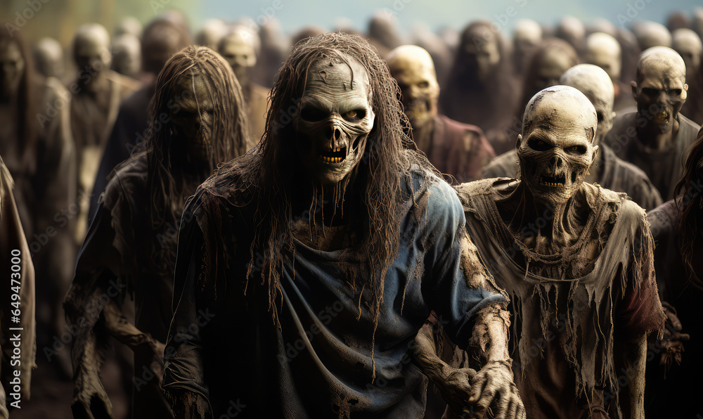 Naklejka premium When Shadows Lengthen and the Dead Rise: A Halloween Tale of a World Plunged into Zombie Apocalypse - Generative AI