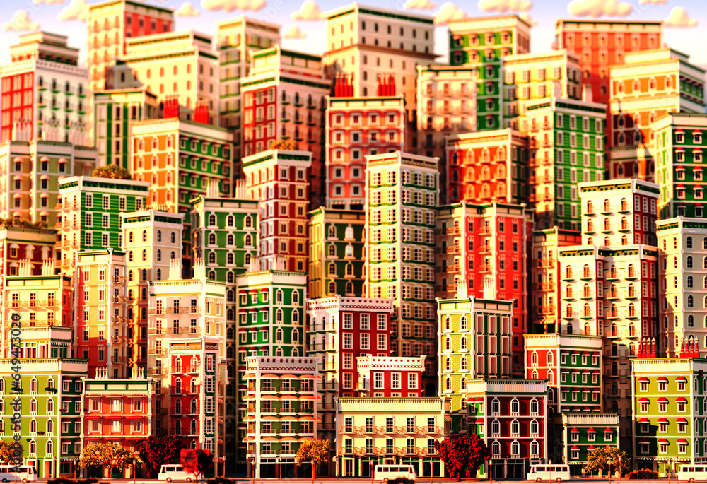 Obraz premium 3D Illustration with colourful city houses, periodic buildings at sunset