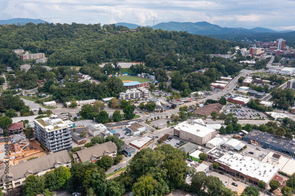 drone views of downtown Asheville city mountain