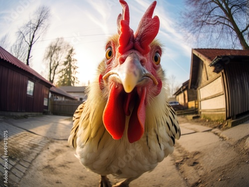 Close-up portrait of a rooster. A domestic bird is looking at something. Illustration with distorted fisheye effect. Design for cover, card, postcard, decor or print. photo