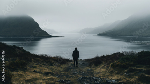 Man standing on the beach and looking to the sea. Desolate misty landscape, low hanging clouds cover the mountains.