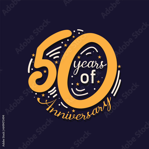 50 Years of Anniversary Logo, hand drawn lettering vector illustration with celebrating elements. 50 Th birthday Vector Template Design.
