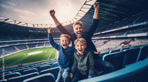 Generative AI, father and son cheer for their favorite team at a sports match, football, competition, stadium, arena, emotion, joy, victory, goal, father's day, parent, child, cry, family, win, game