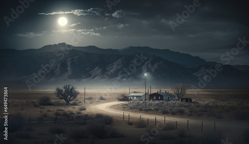 Eerie paranormal ranch at night under the moonlight near mountains photo