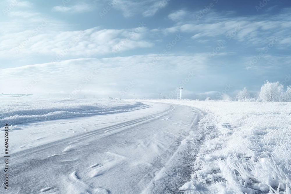 Highway covered in snow and ice. Winter weather conditions. Generative AI