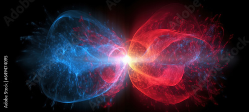 Red and blue particles colliding and merging in dark space. Powerful flare of light. Science concept.