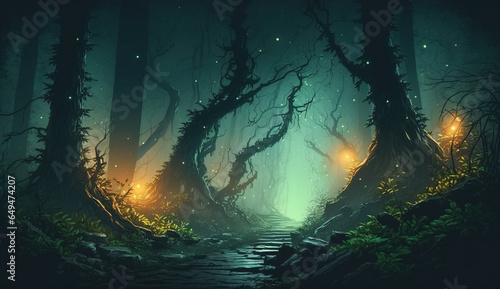 Enchanted haunted forest with mysterious lights and creepy trees