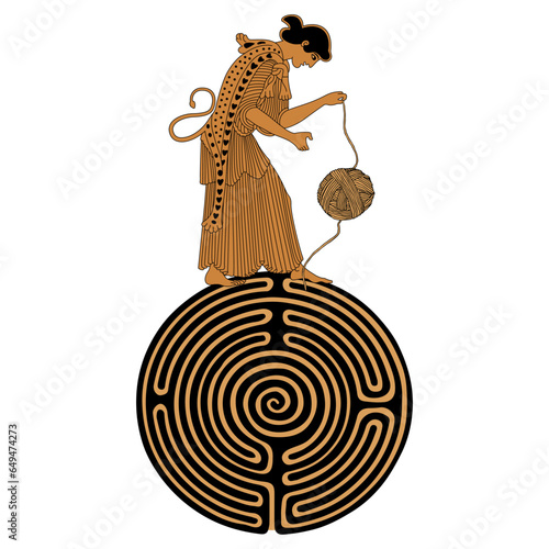 Ariadne thread. Ancient Greek woman standing on a round spiral maze or labyrinth symbol and holding yarn ball. Vase painting style. Creative mythological concept. Isolated vector illustration.