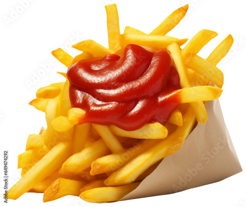 French Fries with Ketchup. Isolated on Transparent Background