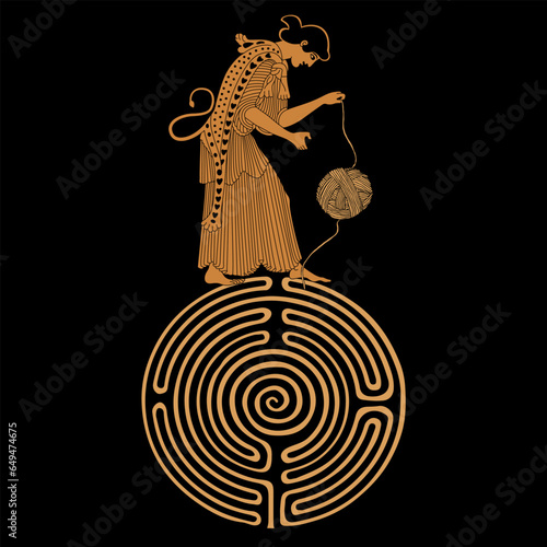 Ariadne thread. Ancient Greek woman standing on a round spiral maze or labyrinth symbol and holding yarn ball. Vase painting style. Creative mythological concept. On black background.