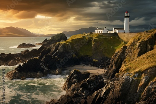 A picturesque lighthouse set in Ireland, surrounded by rugged beauty. Generative AI