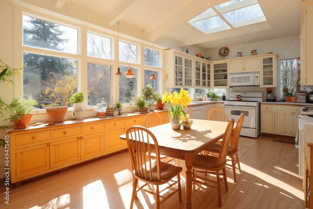 Spacious sunny kitchen with dining area. Generative AI