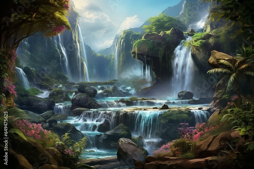 A lush waterfall scene depicted in a highly detailed and realistic digital painting style. Generative AI