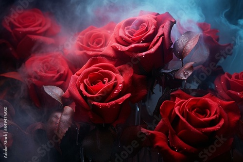 Valentine's day art of red roses made with vibrant fog ice. Generative AI