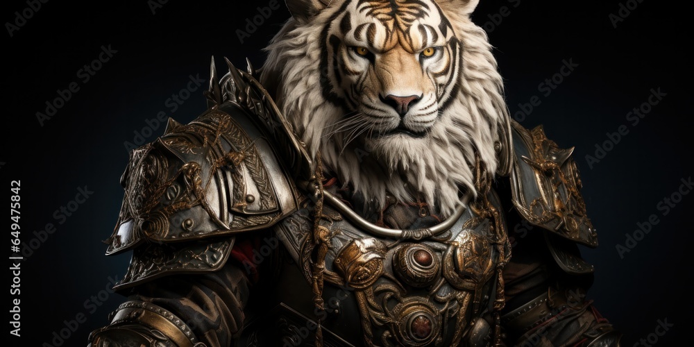 Fototapeta premium illustration of tiger in medieval silver armor, generative AI