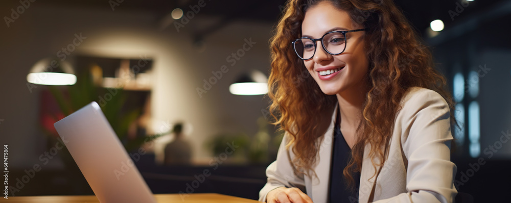 Fototapeta premium Professional female employee or a businesswoman using a laptop in a public place. Copy space