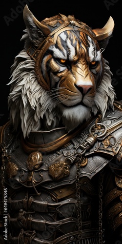 illustration of tiger in medieval silver armor  generative AI