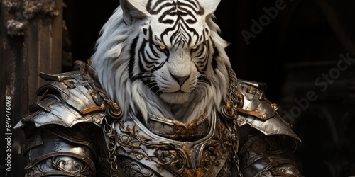 illustration of tiger in medieval silver armor, generative AI