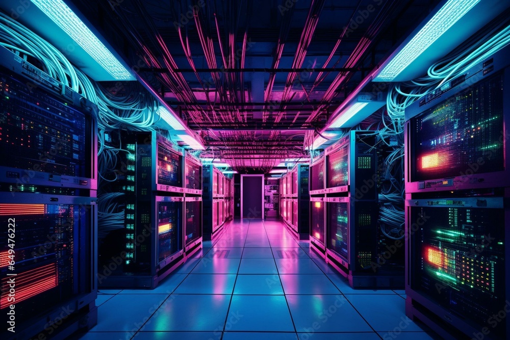 Technology infrastructure with networking and telecommunication equipment in a server room. Generative AI
