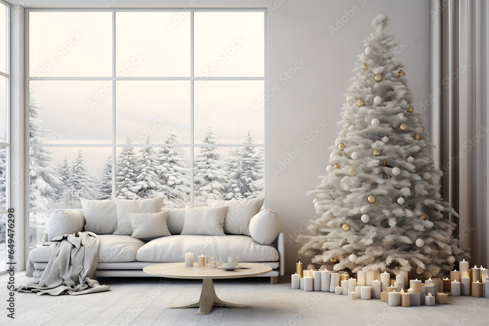 Living room in retro style with a Christmas decor. Christmas living room with sofa and Christmas tree. New year home interior background. Winter home decor Living room in retro style with a Christmas decor. Christmas living room with sofa and Christmas tree. New year home interior background. Winter home decor
