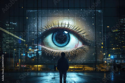 Big brother is watching you - a big eye watching and spying a man through large billboard media screen on a rainy night city street photo