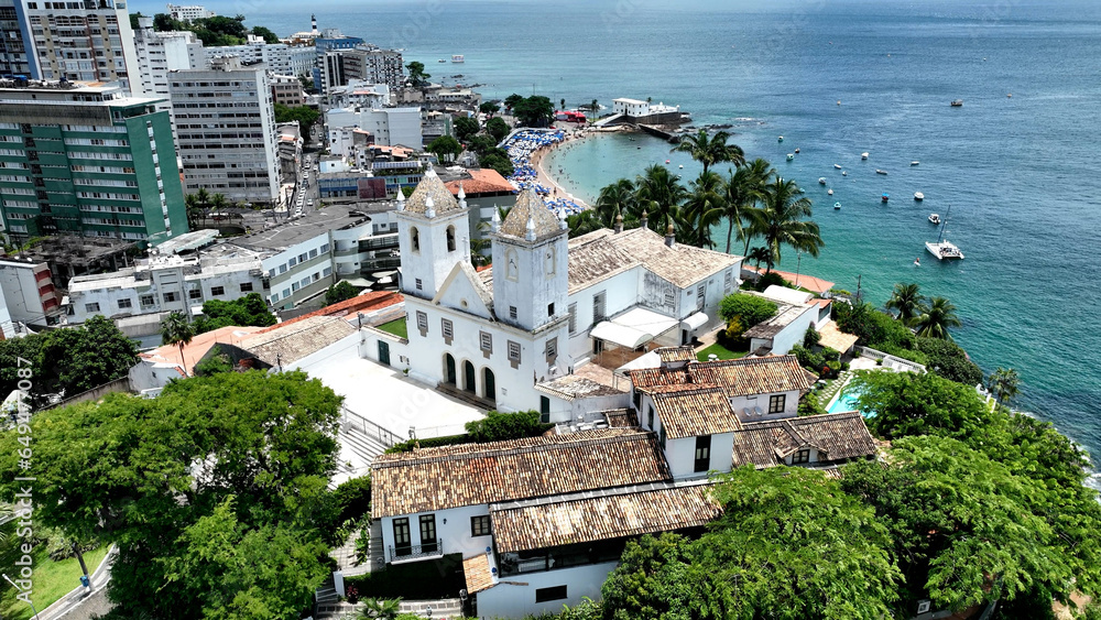 Obraz premium Coast Church At Salvador In Bahia Brazil. Travel Landscape. Downtown Background. Tourism Destinations. Vacation Destination. Stunning Cityscape. Coast Church At Salvador In Bahia Brazil. 