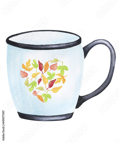 Beautiful cup. Hot drink. Autumn decor, autumn mood, cozy home. Watercolor element for the design of cards, invitations, posters, stationery. Harvest Festival, Thanksgiving.
