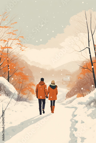 couple from the back holding hands walking in the snow park forest landscape winter christmas in textured pencil hand drawn color block sketch illustration style	