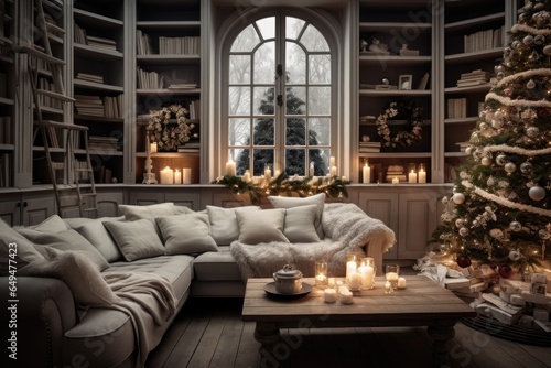 Cozy interior of a living room in a house or apartment decorated for christmas and the new year holidays