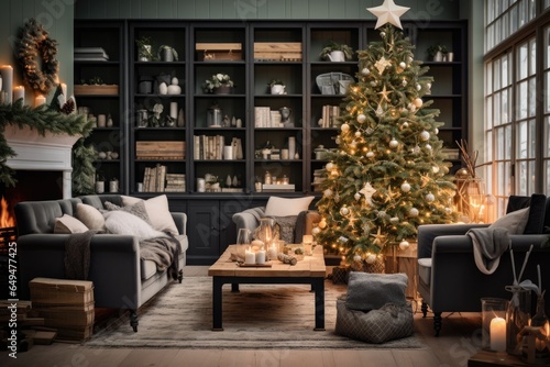 Cozy interior of a living room in a house or apartment decorated for christmas and the new year holidays