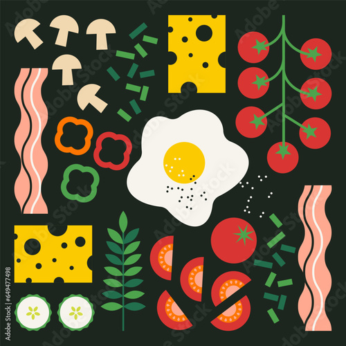 Breakfast food collection. Good morning poster. Top view. Fried egg, bacon, tomatoes, veggies, cheese, mushrooms. Flat trendy abstract vector illustration. Isolated elements on black background.