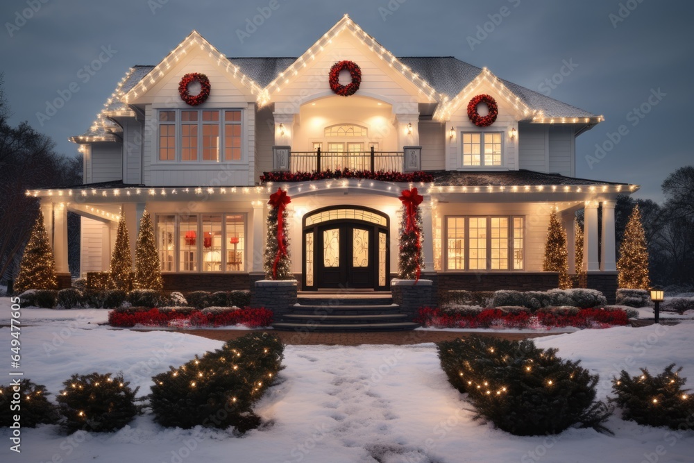Exterior of a suburban house in the USA decorated for christmas and the new year holidays