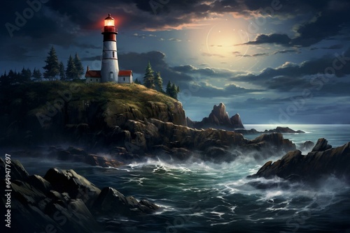 A nocturnal lighthouse stands tall on a rugged precipice, illuminated by a full moon casting its glow over the water. Generative AI