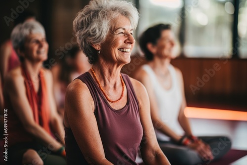 Diverse group of senior women and friends doing yoga and meditating together in a yoga class