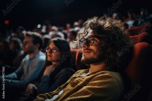 Diverse group of friends watching a movie together in a movie theater