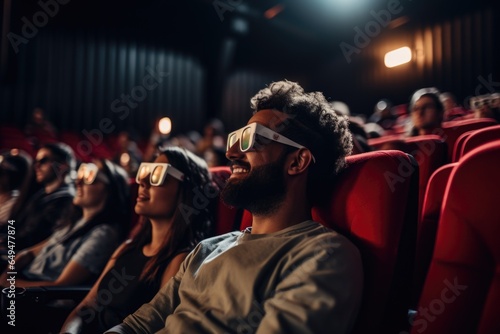 Diverse group of young people watching a 3d movie in a movie theater