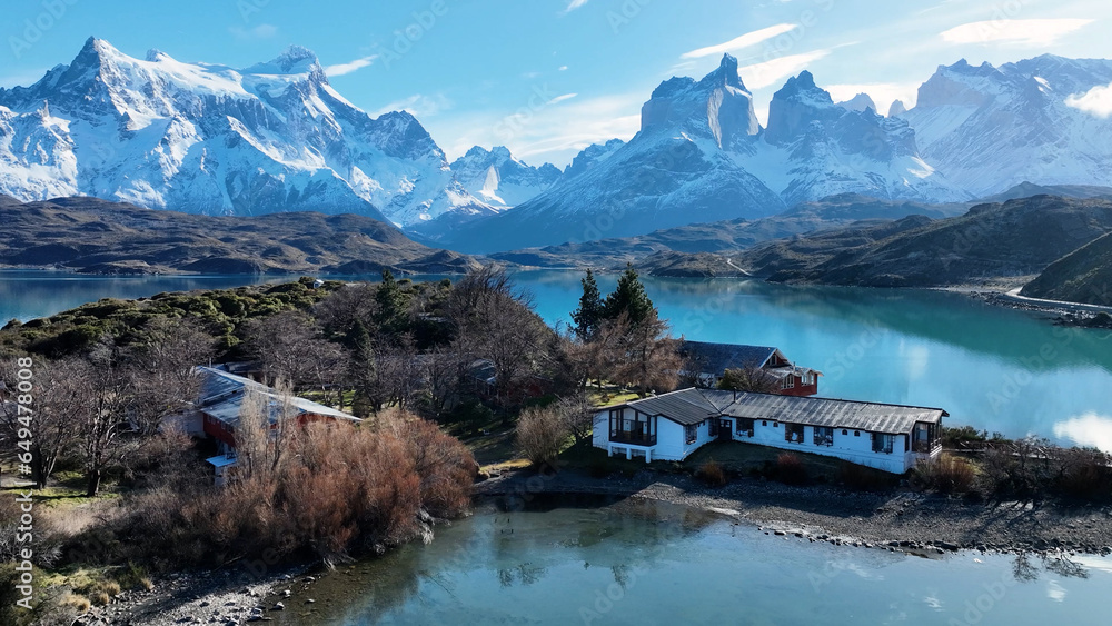 National Park Of Torres Del Paine In Punta Arenas Chile. Snowy Mountains. Glacial Scenery. Punta Arenas Chile. Winter Travel. National Park At Torres Del Paine In Punta Arenas Chile. - obrazy, fototapety, plakaty 