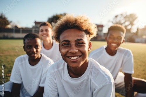 Smiling team photo of a soccer or football team consisting of a young and diverse group of young men