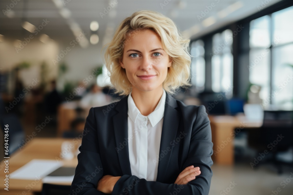 a caucasic blonde lawyer woman with arms crossed looking to camera with a smile    - obrazy, fototapety, plakaty 