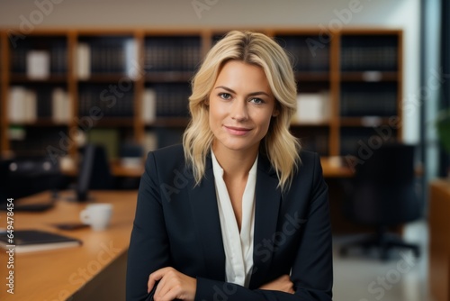 a caucasic blonde lawyer woman with arms crossed looking to camera with a smile 