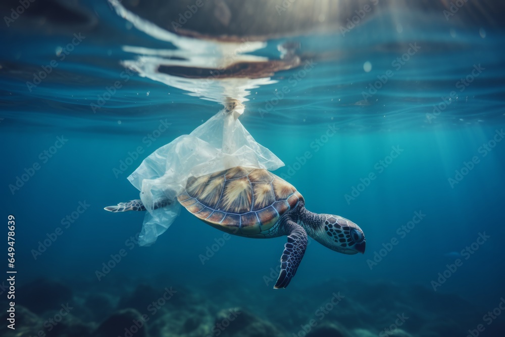 Obraz premium sea turtle stack with a plastic underwater in the sea