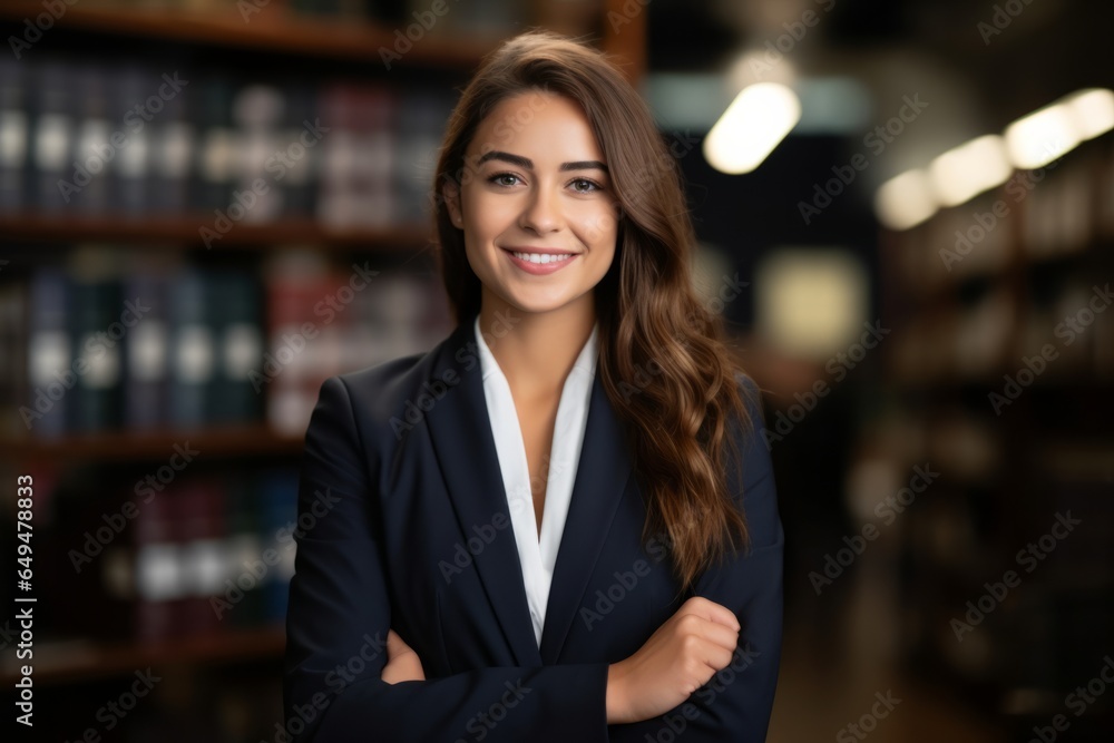 young lawyer woman dressed with a formal suit with arms crossed looking to camera with a smile young lawyer woman dressed with a formal suit with arms crossed looking to camera with a smile