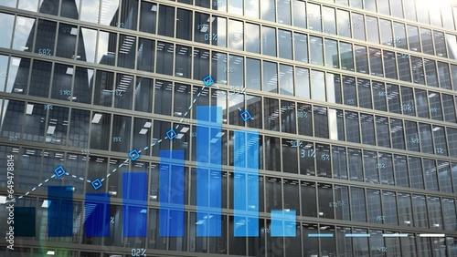 Blue growth chart with monthly index bars on the background of the office building windows. Animated 3d infographic diagram with financial and business figures for annual report and commercial use.