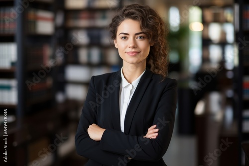 young lawyer woman dressed with a formal suit with arms crossed looking to camera with a smile 