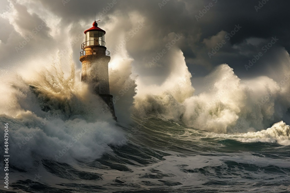 Stormy Porto lighthouse. Generative AI